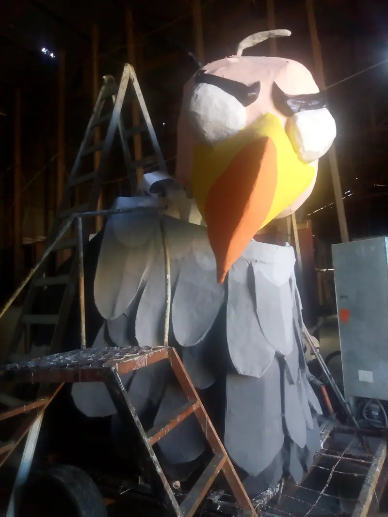La cara pintada: pico amarillo y naranja, plumas oscuras del cuello